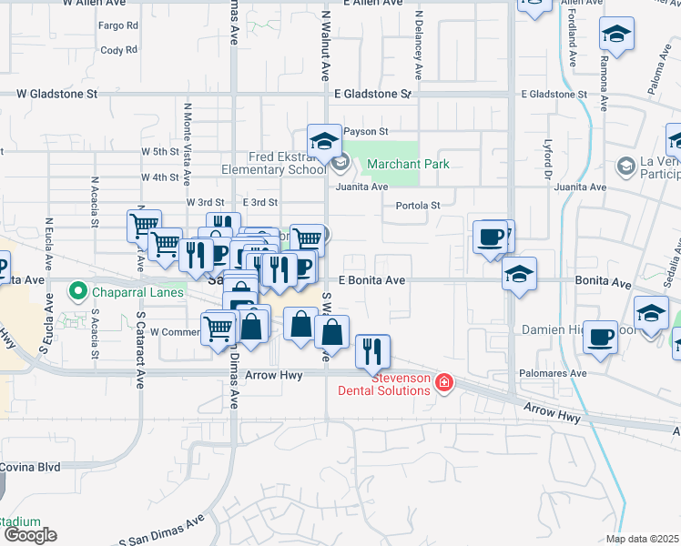 map of restaurants, bars, coffee shops, grocery stores, and more near 301 West Bonita Avenue in San Dimas