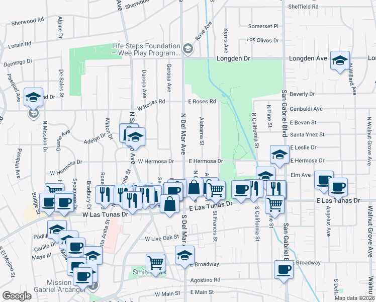 map of restaurants, bars, coffee shops, grocery stores, and more near 318 North Del Mar Avenue in San Gabriel