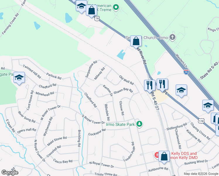 map of restaurants, bars, coffee shops, grocery stores, and more near 308 Kenton Drive in Irmo