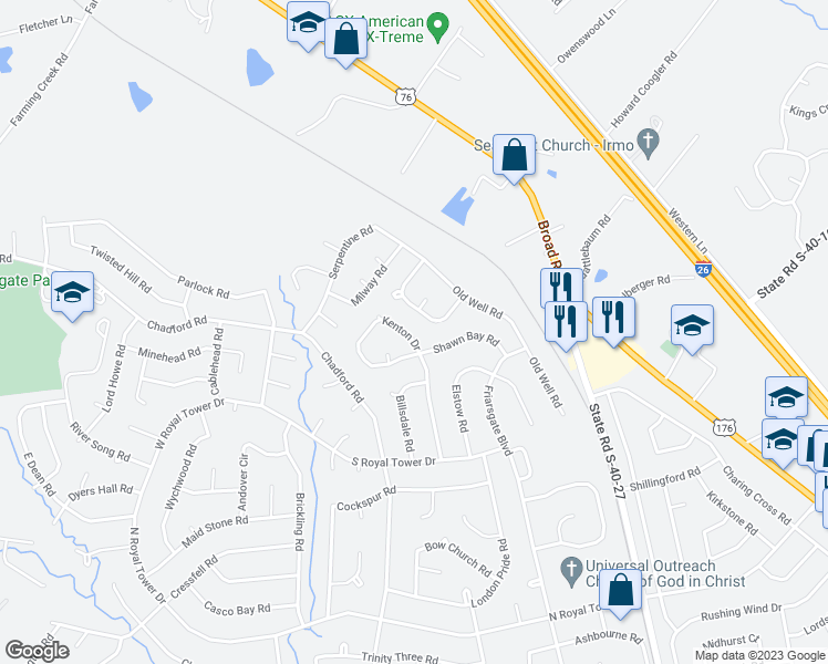 map of restaurants, bars, coffee shops, grocery stores, and more near 308 Kenton Drive in Irmo