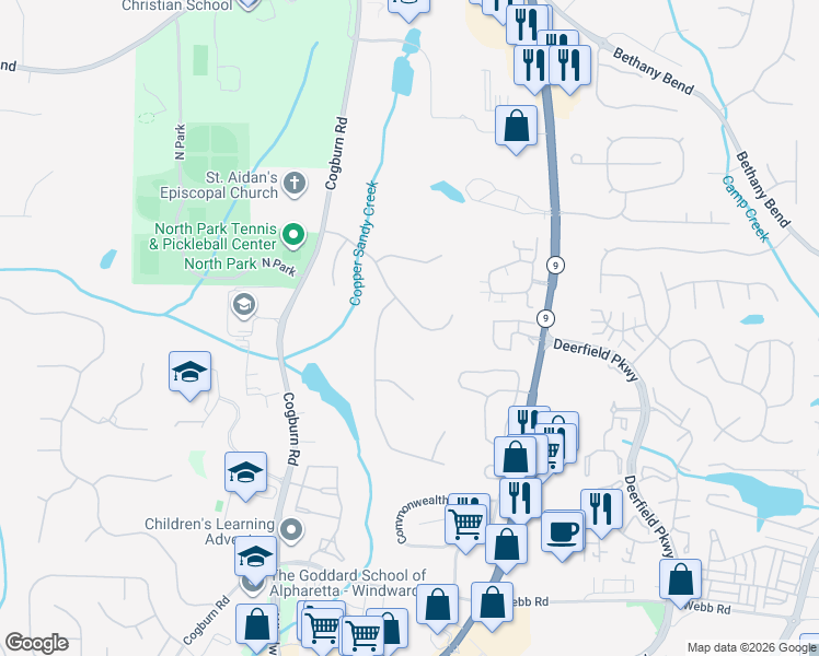 map of restaurants, bars, coffee shops, grocery stores, and more near 485 The Hermitage Drive in Alpharetta