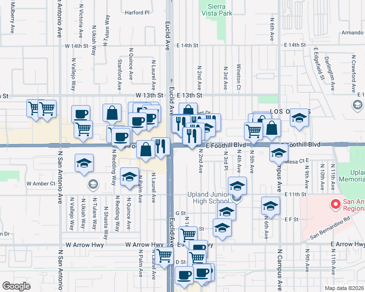 map of restaurants, bars, coffee shops, grocery stores, and more near 0 Foothill Boulevard in Upland