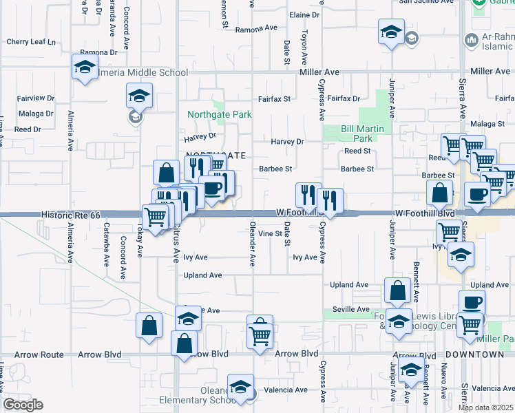 map of restaurants, bars, coffee shops, grocery stores, and more near 16304 Foothill Boulevard in Fontana