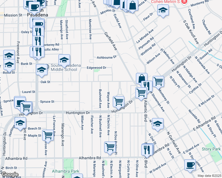 map of restaurants, bars, coffee shops, grocery stores, and more near 1618 Wayne Avenue in South Pasadena