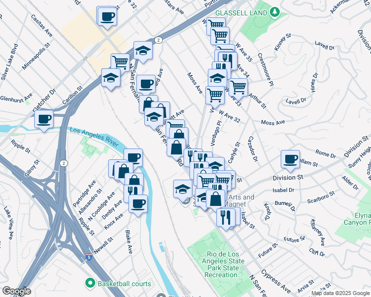 map of restaurants, bars, coffee shops, grocery stores, and more near 2426 West Avenue 30 in Los Angeles