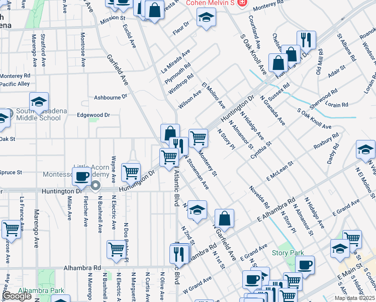 map of restaurants, bars, coffee shops, grocery stores, and more near 100 Huntington Drive in Alhambra