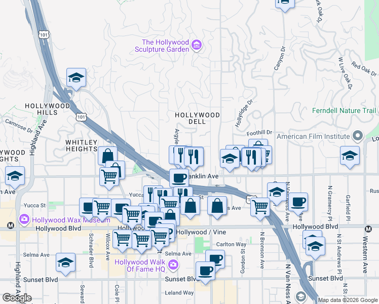 map of restaurants, bars, coffee shops, grocery stores, and more near 1957 Vista Del Mar Avenue in Los Angeles