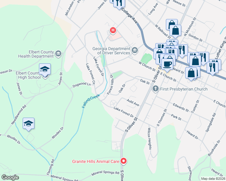 map of restaurants, bars, coffee shops, grocery stores, and more near 122 Forest Hills Drive in Elberton