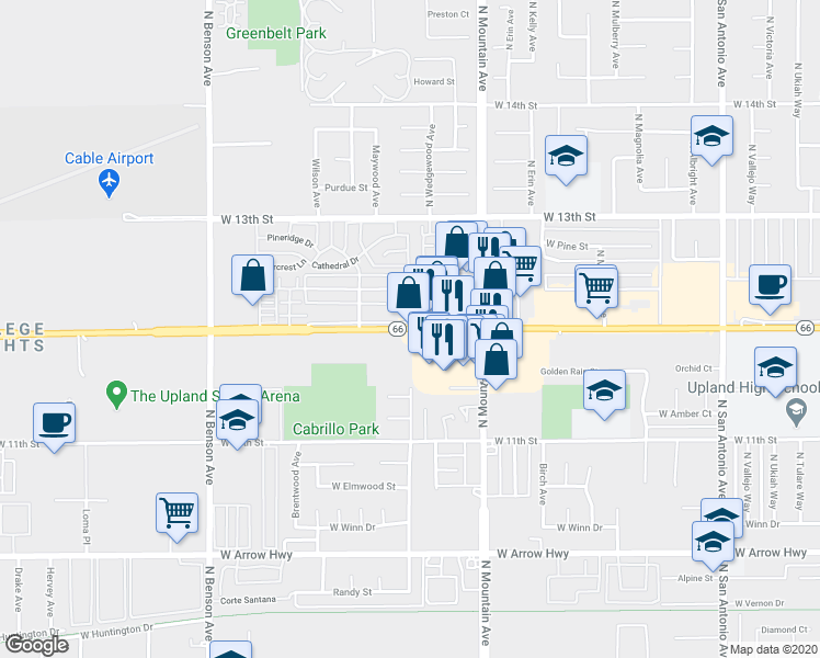 map of restaurants, bars, coffee shops, grocery stores, and more near 1299 West Foothill Boulevard in Upland