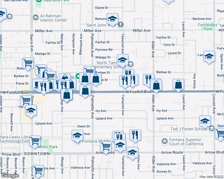 map of restaurants, bars, coffee shops, grocery stores, and more near 17410 Foothill Boulevard in Fontana