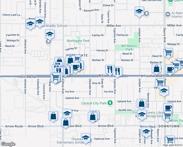 map of restaurants, bars, coffee shops, grocery stores, and more near 16304 Foothill Boulevard in Fontana