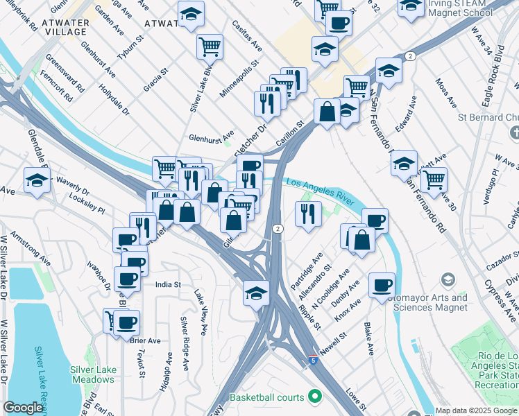 map of restaurants, bars, coffee shops, grocery stores, and more near 2938 Gilroy Street in Los Angeles