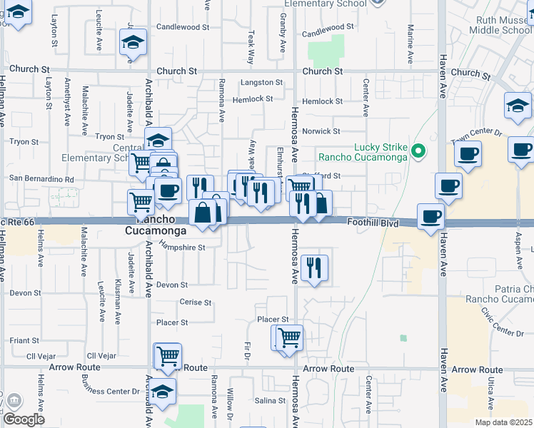 map of restaurants, bars, coffee shops, grocery stores, and more near 10028 Foothill Boulevard in Rancho Cucamonga
