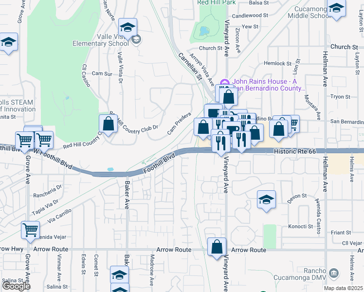 map of restaurants, bars, coffee shops, grocery stores, and more near 8733 Olive Tree Drive in Rancho Cucamonga