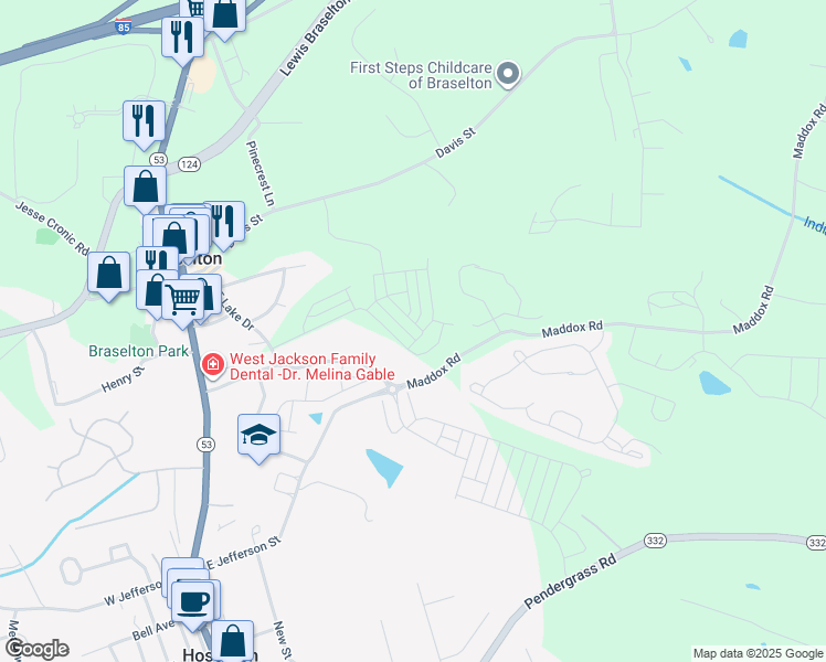 map of restaurants, bars, coffee shops, grocery stores, and more near 333 Golden Eagle Parkway in Hoschton