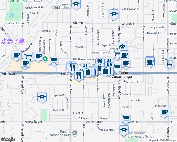 map of restaurants, bars, coffee shops, grocery stores, and more near 9445 Jack Rabbit Drive in Rancho Cucamonga