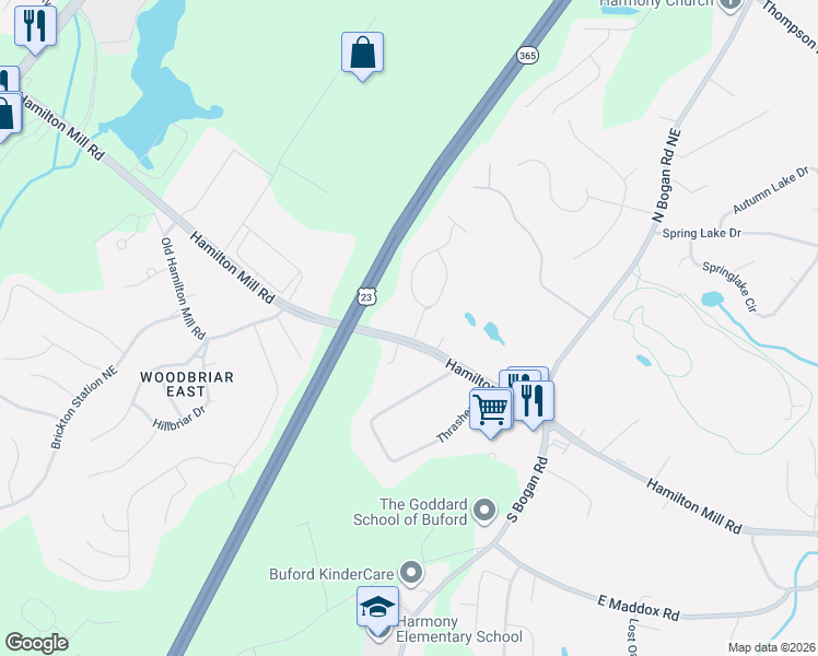 map of restaurants, bars, coffee shops, grocery stores, and more near 4231 Hamilton Mill Road in Buford