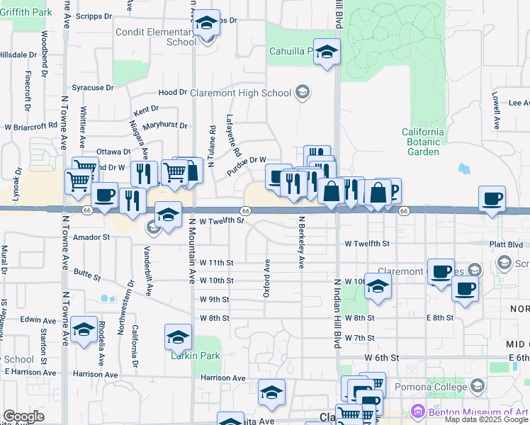 map of restaurants, bars, coffee shops, grocery stores, and more near 610 California 66 in Claremont