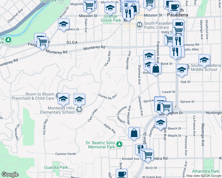 map of restaurants, bars, coffee shops, grocery stores, and more near 872 Flores De Oro in South Pasadena