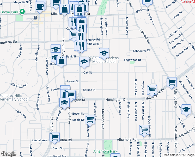 map of restaurants, bars, coffee shops, grocery stores, and more near 1716 Laurel Street in South Pasadena