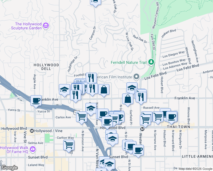 map of restaurants, bars, coffee shops, grocery stores, and more near 1959 North Wilton Place in Los Angeles
