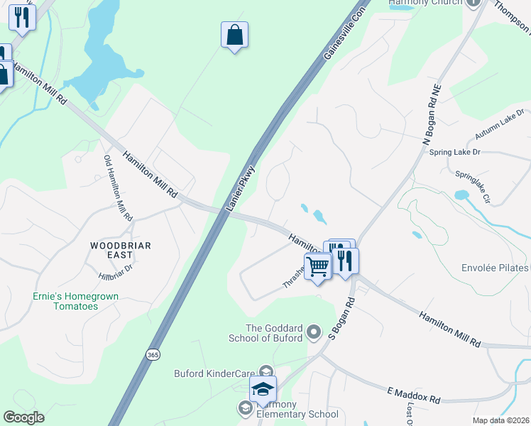 map of restaurants, bars, coffee shops, grocery stores, and more near 4231 Hamilton Mill Road in Buford
