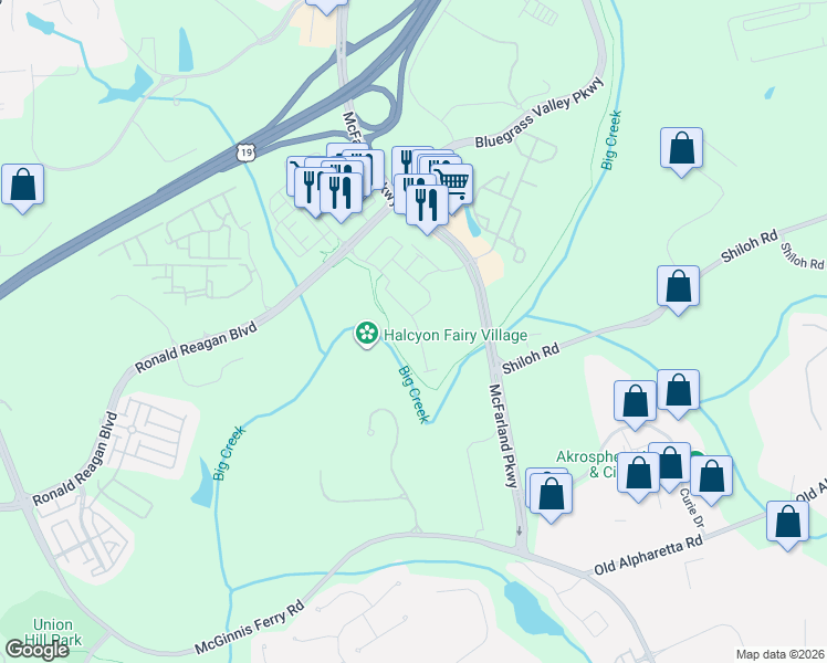 map of restaurants, bars, coffee shops, grocery stores, and more near 6370 Halcyon Garden Drive in Alpharetta