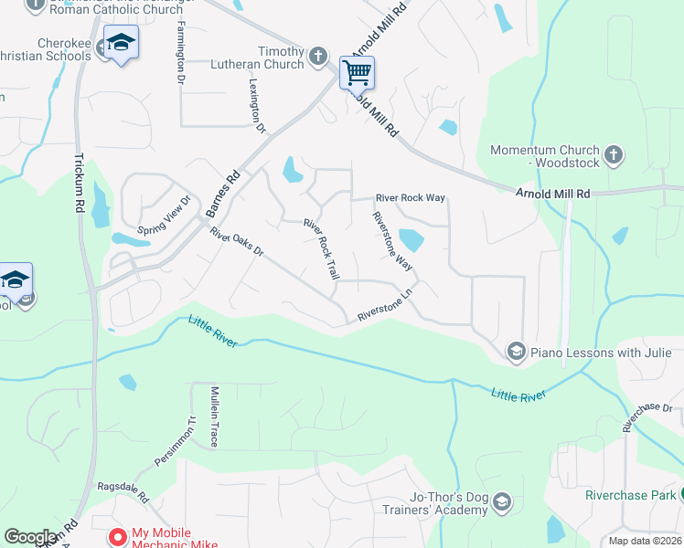 map of restaurants, bars, coffee shops, grocery stores, and more near 1808 River Rock Trail in Woodstock
