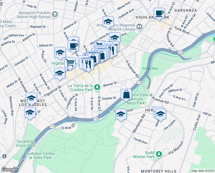 map of restaurants, bars, coffee shops, grocery stores, and more near 5730 Benner Street in Los Angeles