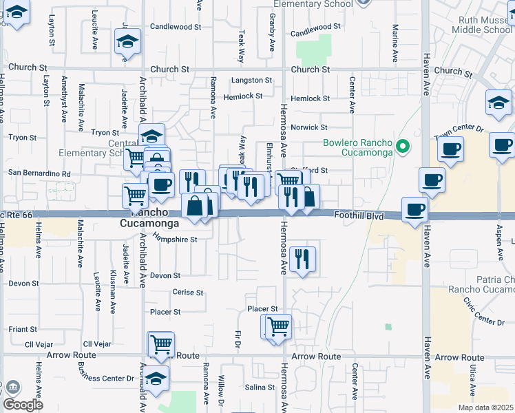 map of restaurants, bars, coffee shops, grocery stores, and more near 10028 West Historic Route 66 in Rancho Cucamonga