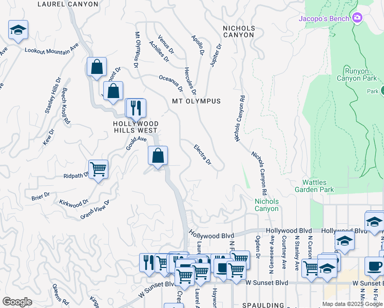 map of restaurants, bars, coffee shops, grocery stores, and more near 1940 Mount Olympus Drive in Los Angeles