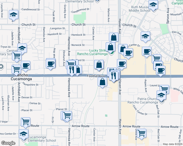 map of restaurants, bars, coffee shops, grocery stores, and more near 10276 Foothill Boulevard in Rancho Cucamonga