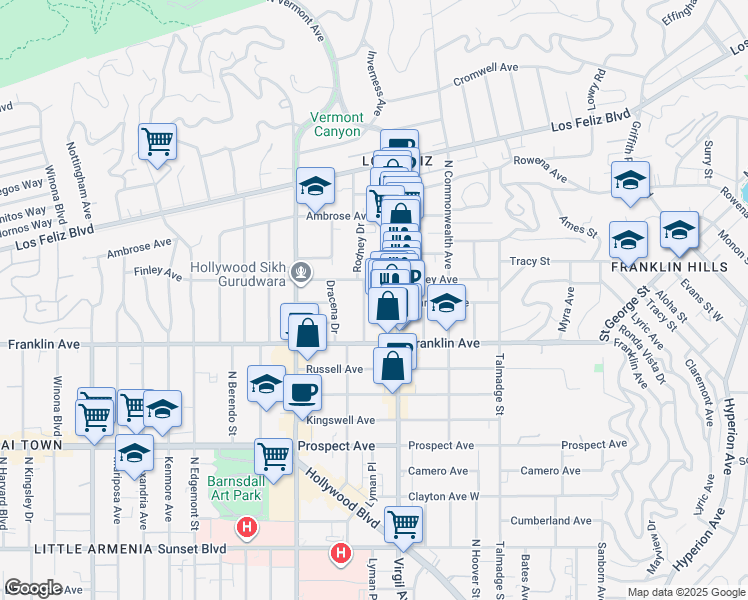 map of restaurants, bars, coffee shops, grocery stores, and more near 1952 Rodney Drive in Los Angeles
