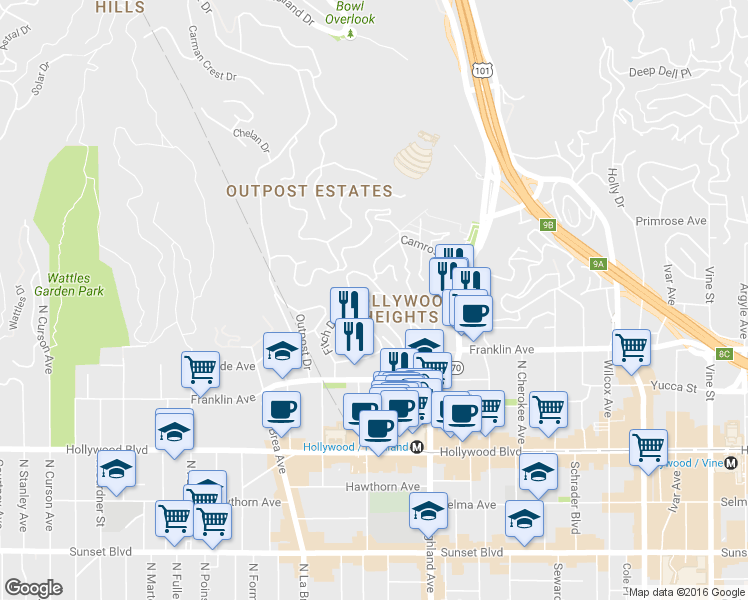 map of restaurants, bars, coffee shops, grocery stores, and more near 6927 Paseo Del Serra in Los Angeles