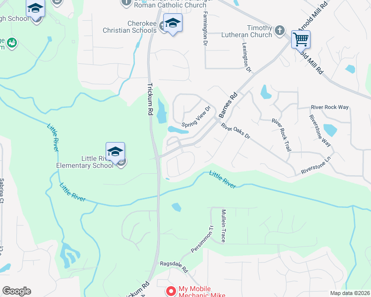 map of restaurants, bars, coffee shops, grocery stores, and more near 101 Riverside Lane in Woodstock