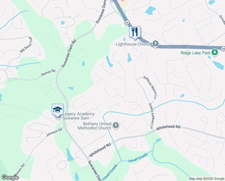 map of restaurants, bars, coffee shops, grocery stores, and more near 5592 Thistledown Terrace in Sugar Hill