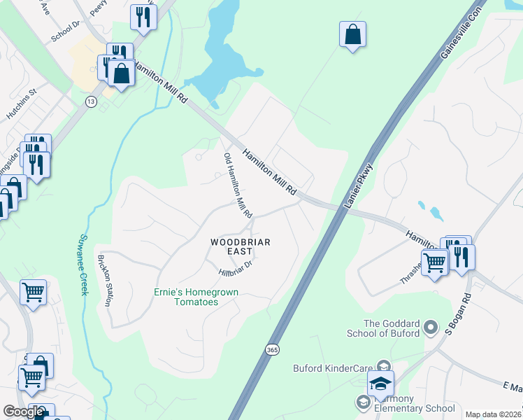 map of restaurants, bars, coffee shops, grocery stores, and more near 4347 Old Hamilton Mill Road in Buford
