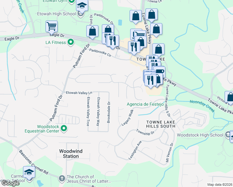 map of restaurants, bars, coffee shops, grocery stores, and more near 510 Rising Drive in Woodstock