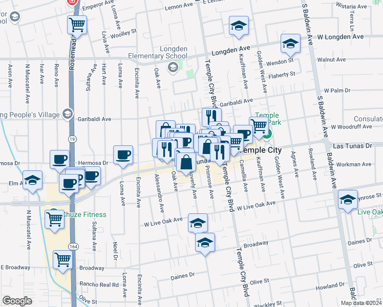 map of restaurants, bars, coffee shops, grocery stores, and more near 5918 Cloverly Avenue in Temple City