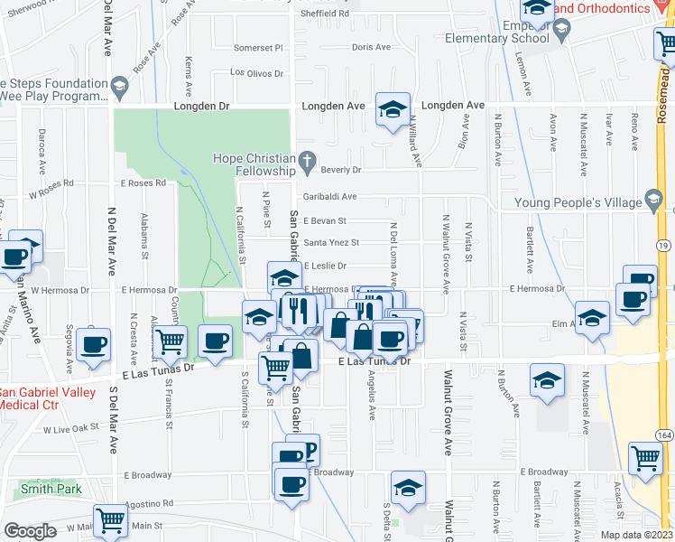 map of restaurants, bars, coffee shops, grocery stores, and more near 854 East Leslie Drive in San Gabriel