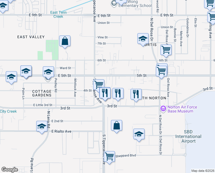 map of restaurants, bars, coffee shops, grocery stores, and more near 24991 West 5th Street in San Bernardino