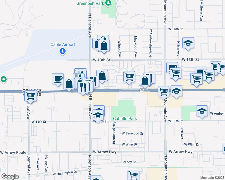 map of restaurants, bars, coffee shops, grocery stores, and more near 1489 West Foothill Boulevard in Upland