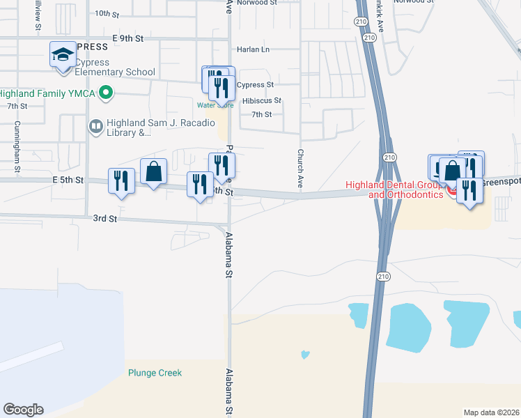 map of restaurants, bars, coffee shops, grocery stores, and more near 27380 East 3rd Street in Highland
