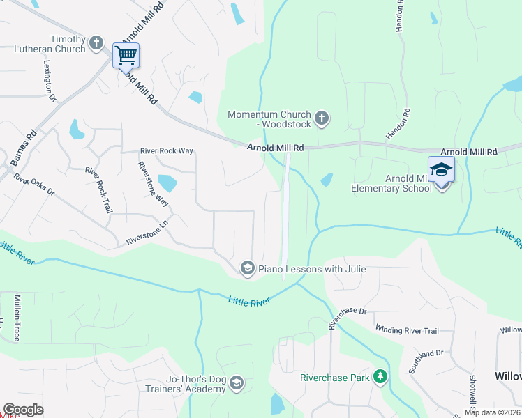 map of restaurants, bars, coffee shops, grocery stores, and more near 5021 River Rock Way in Woodstock