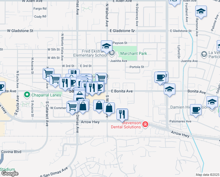 map of restaurants, bars, coffee shops, grocery stores, and more near 301 West Bonita Avenue in San Dimas