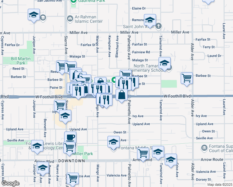 map of restaurants, bars, coffee shops, grocery stores, and more near 17218 Foothill Boulevard in Fontana