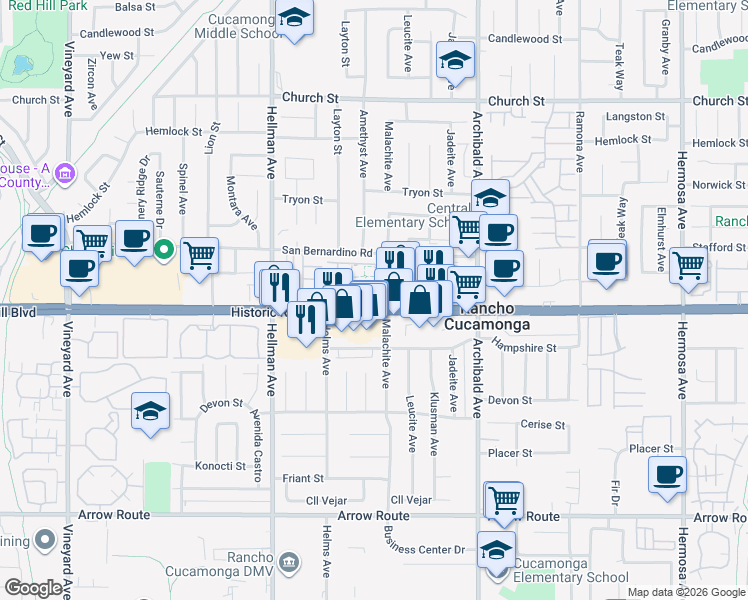 map of restaurants, bars, coffee shops, grocery stores, and more near 9471 Jack Rabbit Drive in Rancho Cucamonga