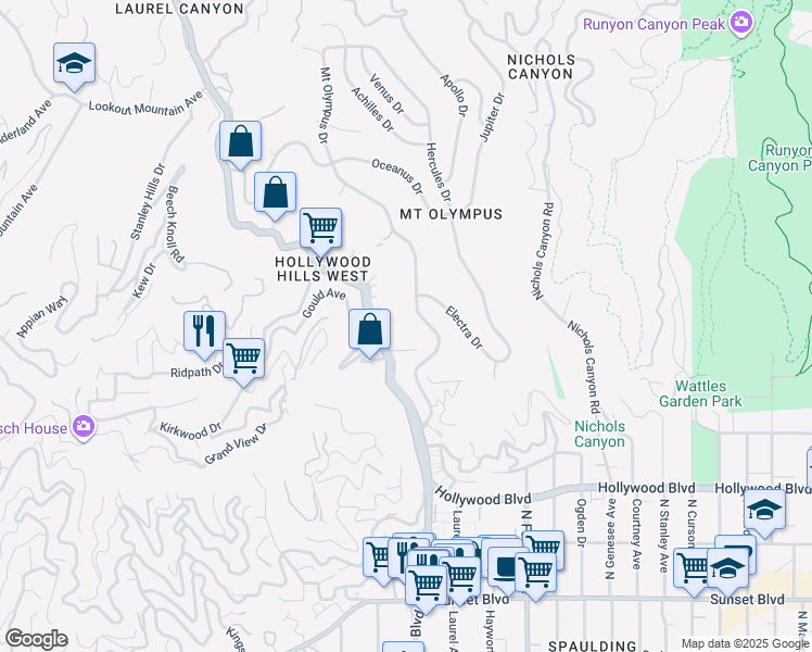 map of restaurants, bars, coffee shops, grocery stores, and more near 1961 Mount Olympus Drive in Los Angeles