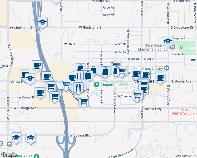 map of restaurants, bars, coffee shops, grocery stores, and more near 409 West Bonita Avenue in San Dimas