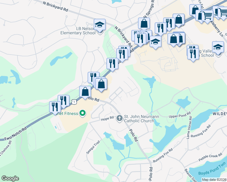 map of restaurants, bars, coffee shops, grocery stores, and more near 40 Coach Trail Lane in Columbia